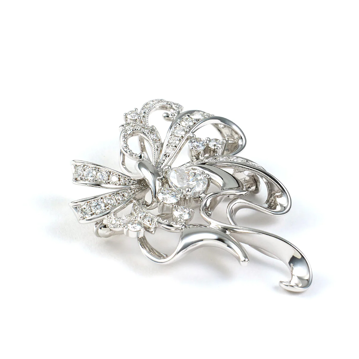 K18WG Diamond Brooch Pendant リボン